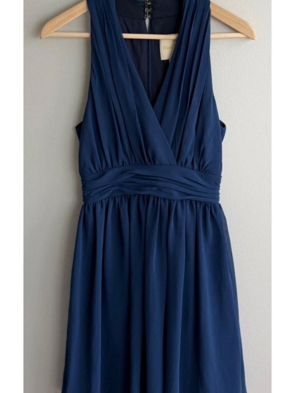 ModCloth Navy Blue Chiffon Sleeveless Pleated V-Neck Dress Size Small Women’s